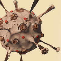 A stylized, computer-generated 3D render of a virus cell that looks similar to SARS-CoV-2